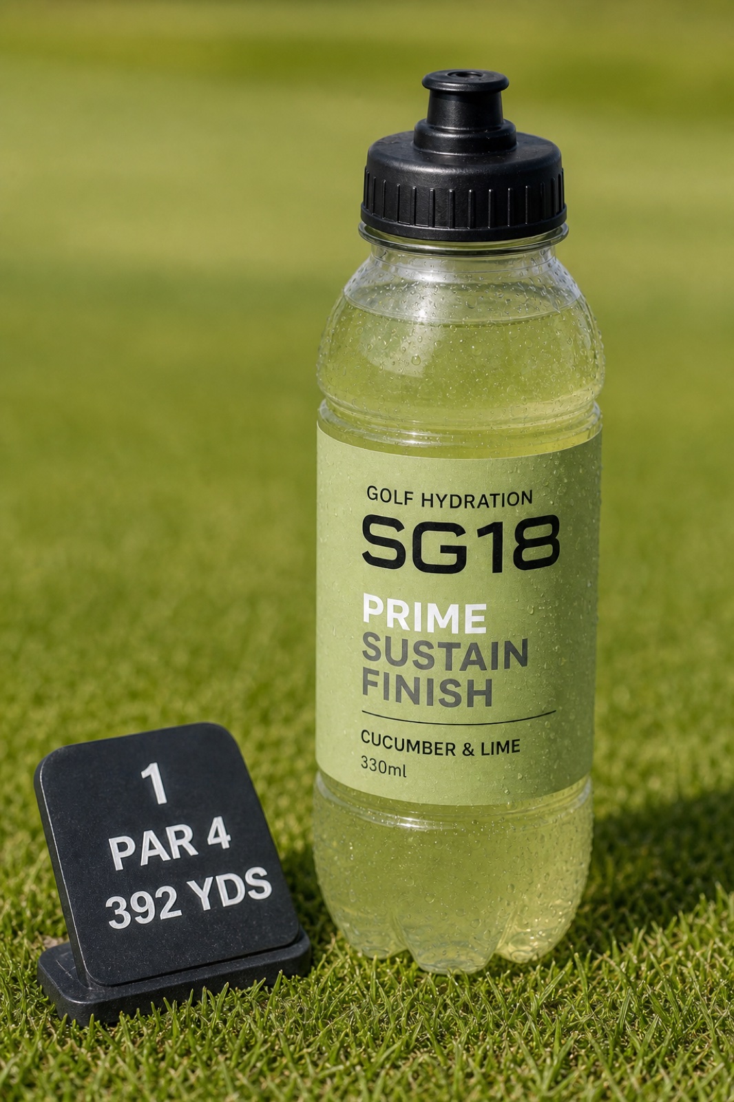 SG18 Prime bottle on a tee marker reading Par 4, 392 yards