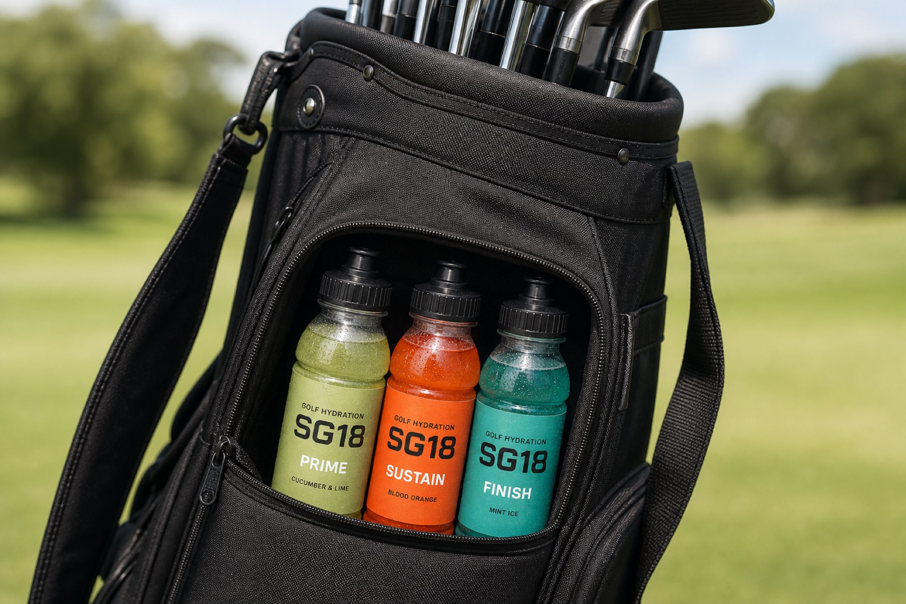 SG18 bottles in a modern nylon golf bag